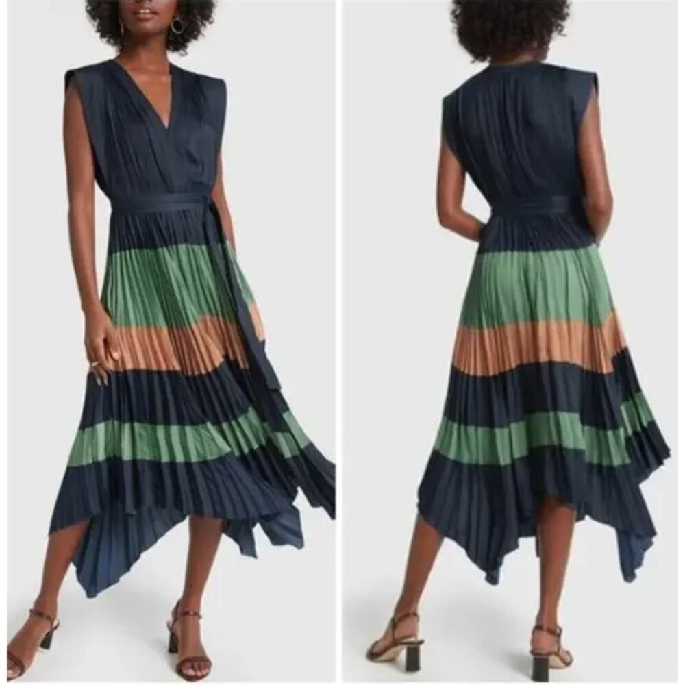Ulla Johnson Maysha Stripe Pleated Dress Size 2 Navy Green Orange Pleated Midi